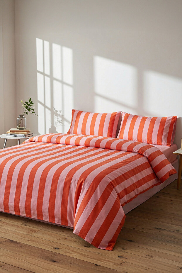 Çift Kişilik Kolay Ütülenebilir Çizgili Lastikli Çarşaflı Nevresim Takımı 200x220cm TPHSS25CKN00004 - 1
