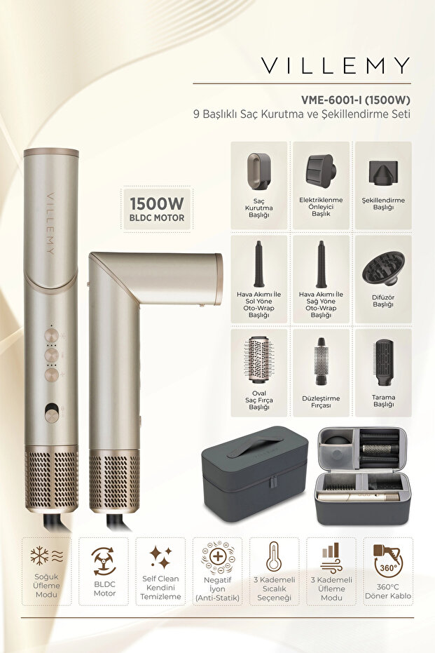 VILLEMY 9’u 1 Arada Çok Başlıklı Saç Kurutma ve Şekillendirme Seti – 1500 W BLDC Motor-VME-6001-I