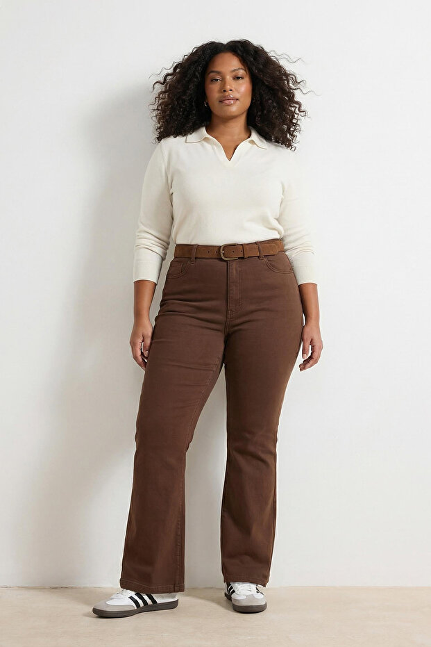 Kahverengi Yüksek Bel İspanyol Paça Comfort/Orta Esnek Flare Fit Büyük Beden Jeans TBBSS23AR00007 - 1