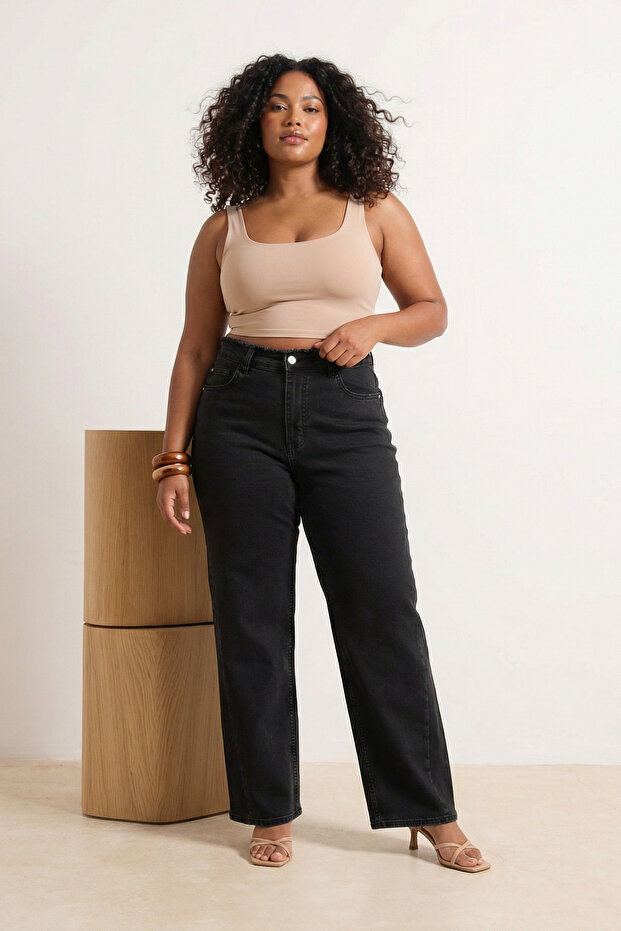 Antrasit Yüksek Bel Geniş Paça Comfort/Orta Esnek Wide Leg Büyük Beden Jeans TBBSS26CJ00003 - 3