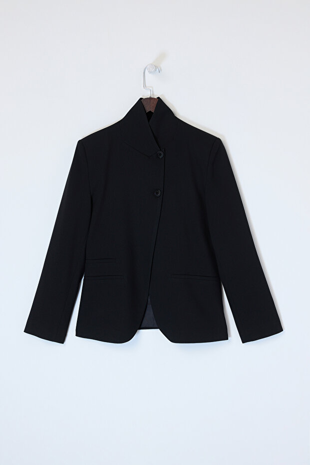Siyah Astarlı Dik Yaka Belden Oturmalı Nervürlü Dokuma Blazer Ceket TDRSS26CE00012 - 4