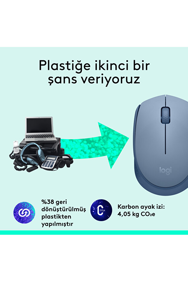 M171 USB Alıcılı Kablosuz Kompakt Mouse Açık Mavi 910-006866 - 5