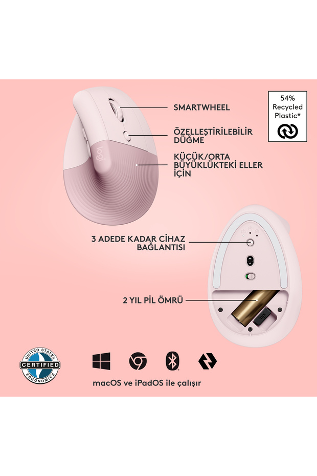 Lift Sessiz Kablosuz Ergonomik Dikey Mouse, Pembe 910-006478 - 7