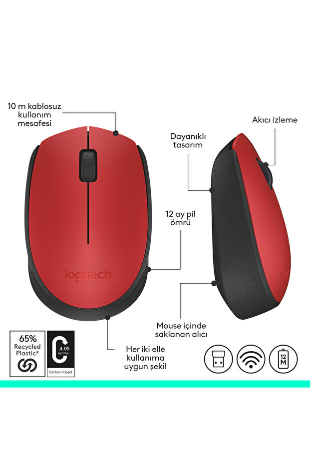 M171 USB Alıcılı Kablosuz Kompakt Mouse, Kırmızı 910-004641 - 9