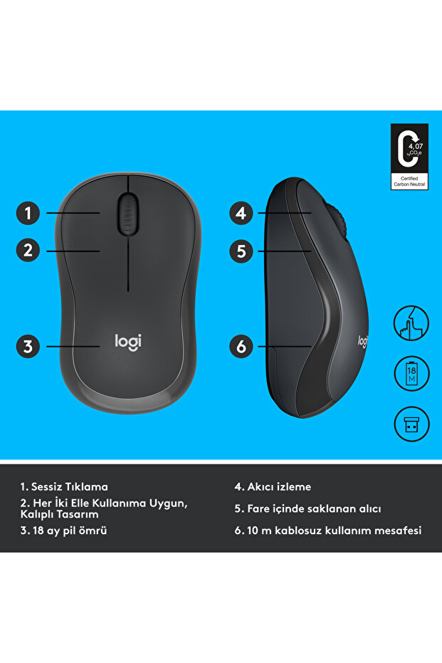 M221 Sessiz Kompakt Kablosuz Mouse, Siyah 910-006510 - 6