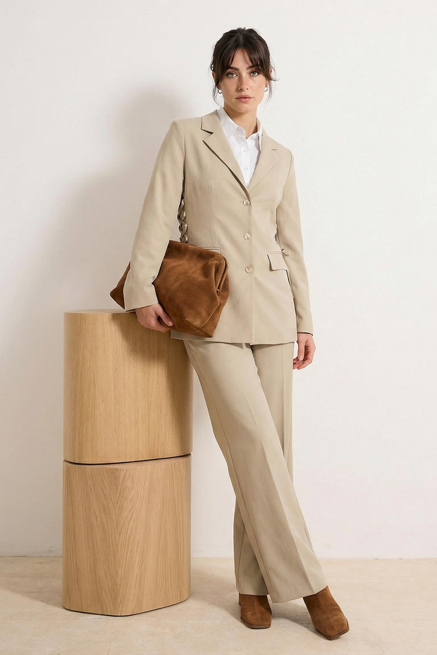 Bej Fitted Yandan Bağlama Detaylı Blazer Pantolon Alt - Üst Takım TCTSS26US00012 - 1