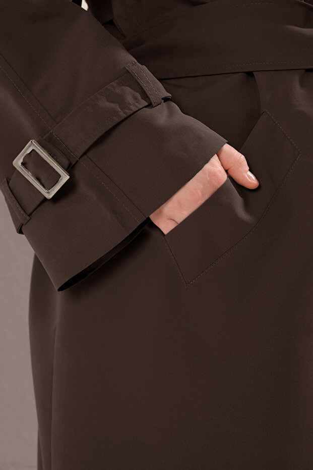 Kahverengi Uzun Oversize Büyük Beden Trençkot TBBSS25BM00002 - 7