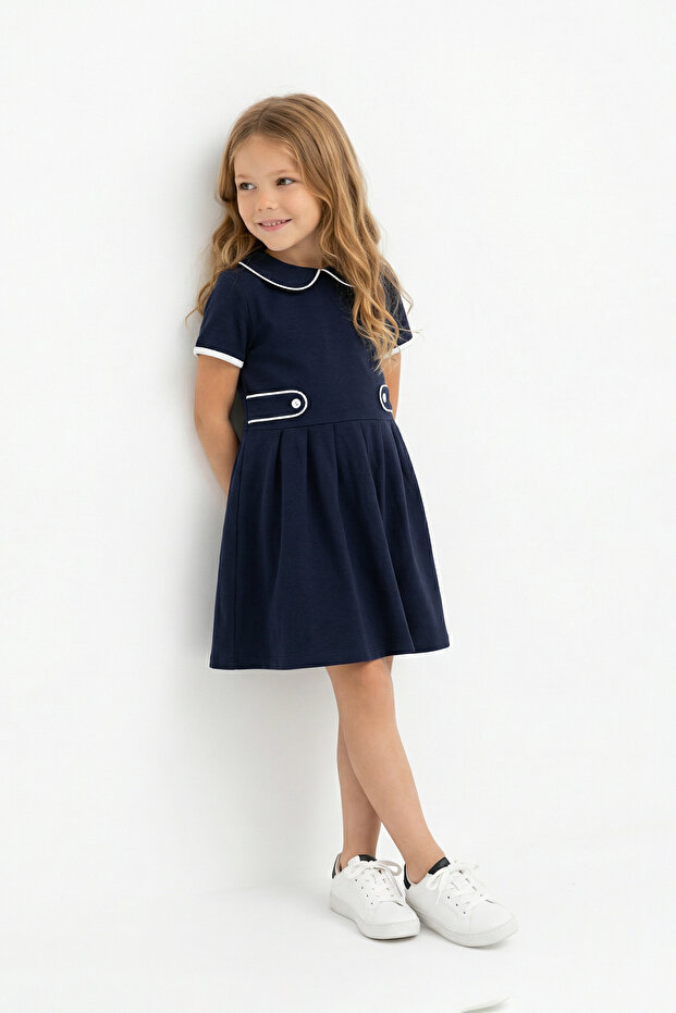 Marineblaues Babykragen-Mädchenkleid, kurz/mini, gestrickt, Festtagskleid TKDSS26EL00003 - 2