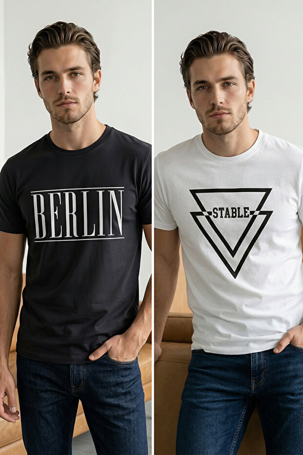 Black-White 2 Pack Regular/Normal Fit Printed 100% Cotton T-Shirt Tmnss26Ts00043