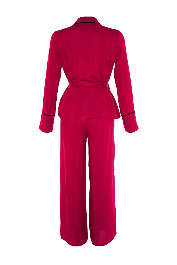 Bordo Kuşaklı Biye Detaylı Kruvaze Viskon Dokuma Pijama Takımı THMAW22PT1109 - 10