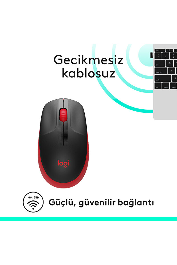 M191 Büyük Boy USB Alıcılı 1000 DPI Kablosuz Mouse, Kırmızı 910-005910 - 4