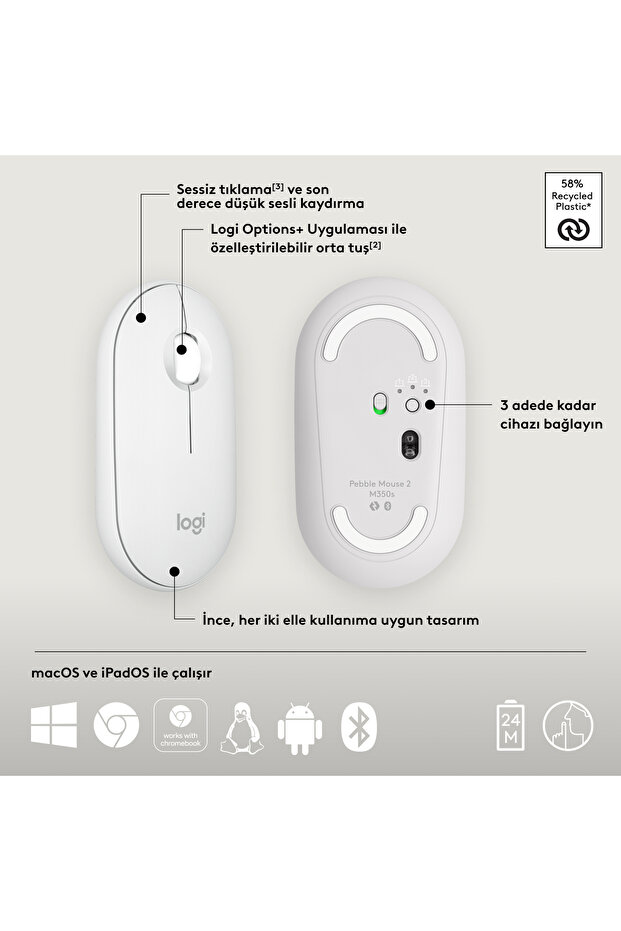 M350s Pebble 2 Bluetooth Kablosuz Sessiz Kompakt Mouse, Beyaz 910-007013 - 7