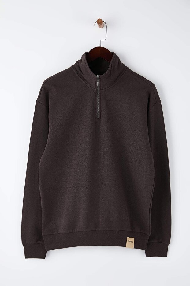 Koyu Kahverengi Oversize/Geniş Dik Yaka Fermuarlı Etiketli İçi Polarlı Sweatshirt TMNAW25SW00168 - 6