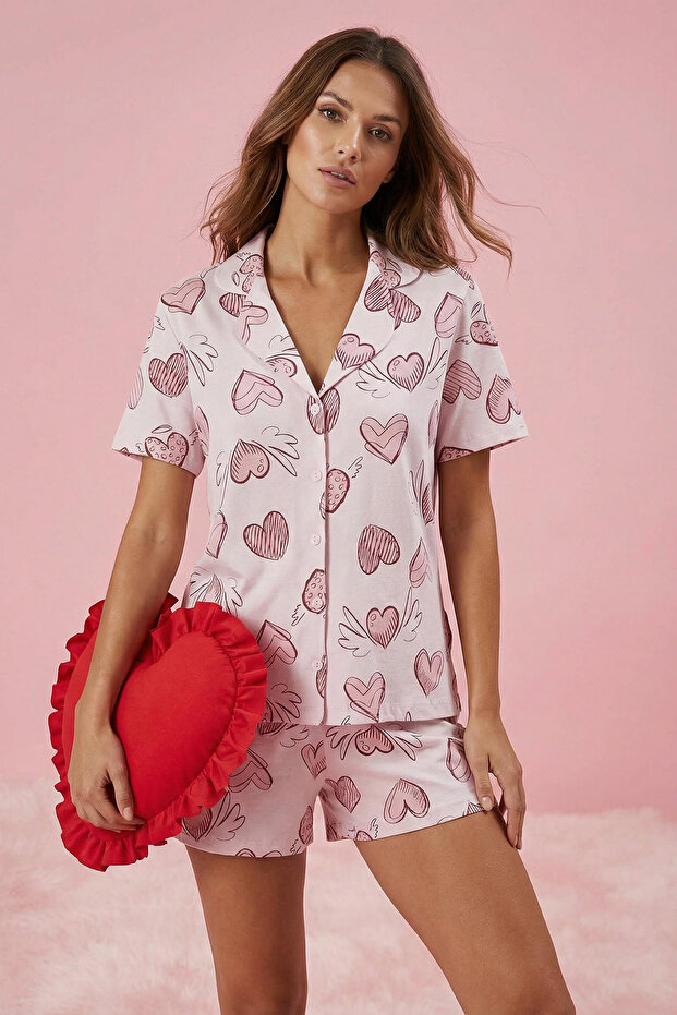 Pembe-Çok Renkli %100 Pamuklu Kalpli Şortlu Örme Pijama Takımı THMSS25PT00120 - 1