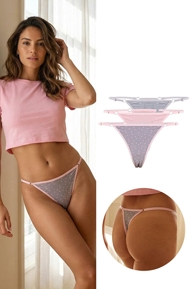Pembe-Çok Renkli 3'lü Pamuklu Kalp Desenli Tanga Külot THMSS26KU00010 - 1