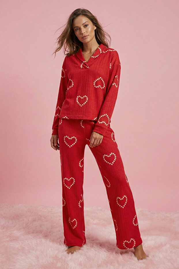 Kırmızı Kalpli Polar Kışlık Örme Pijama Takımı THMAW25PT00058 - 1