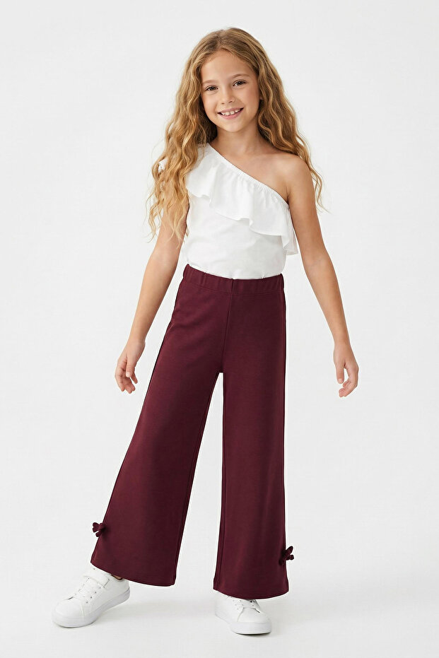 Bordo Kız Çocuk Kurdaleli Düz Örme Pantolon TKDSS26PL00003 - 1