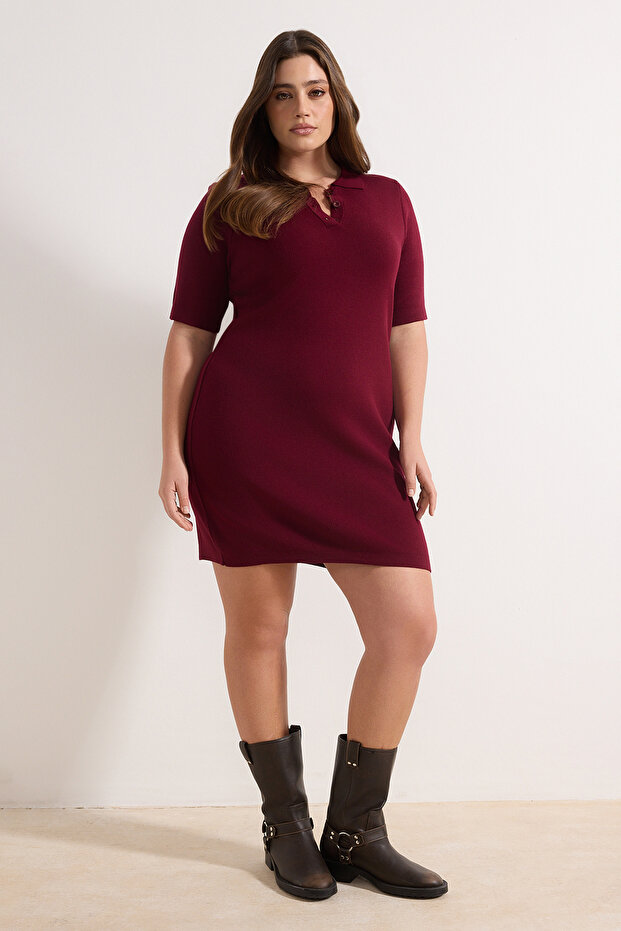 Bordo Polo Yaka Düğmeli Kısa / Mini Triko Elbise TBBSS26AH00001 - 1