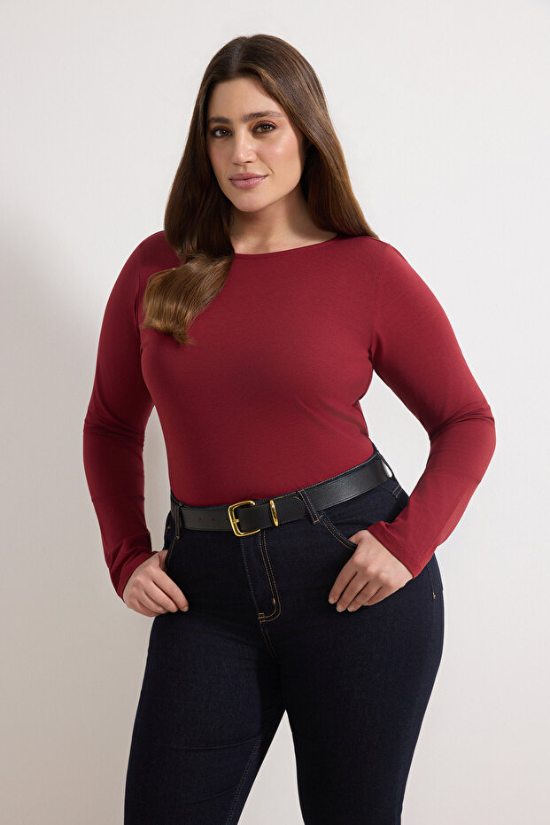 Taş-Bordo Esnek Vücuda Oturan Örme Büyük Beden Bluz TBBSS26AF00009 - 4