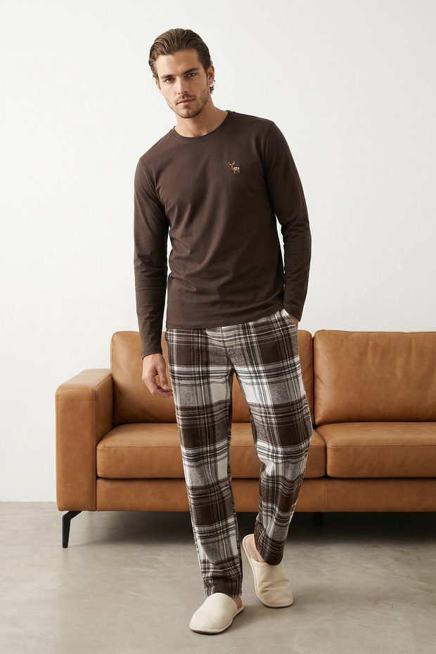 Kahverengi Regular Ekose / Kareli Homewear Pijama Takımı TMNAW26PT00061 - 1