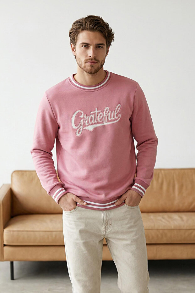 Pembe Regular/Normal Kesim Triko Bantlı Nakışlı Sweatshirt TMNAW26SW00066 - 1