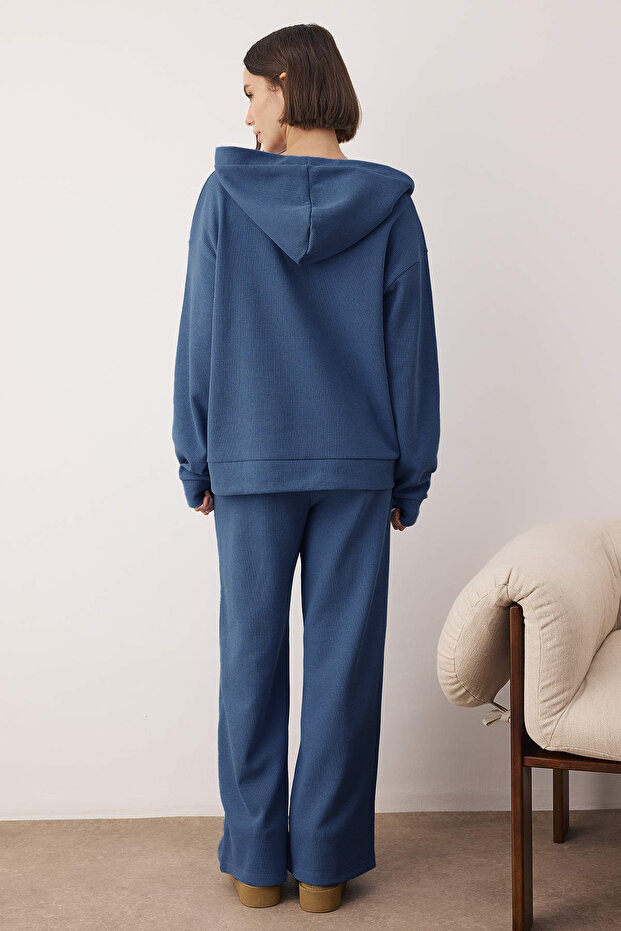 Mavi Oversize Kalıp Pamuklu Kapüşonlu Waffle Örme Pijama Takımı THMAW26PT00168 - 4