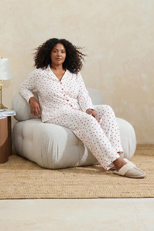 Beyaz Kalpli Gömlek Yaka Müslin Büyük Beden Pijama Takımı TBBSS26AI00007 - 2