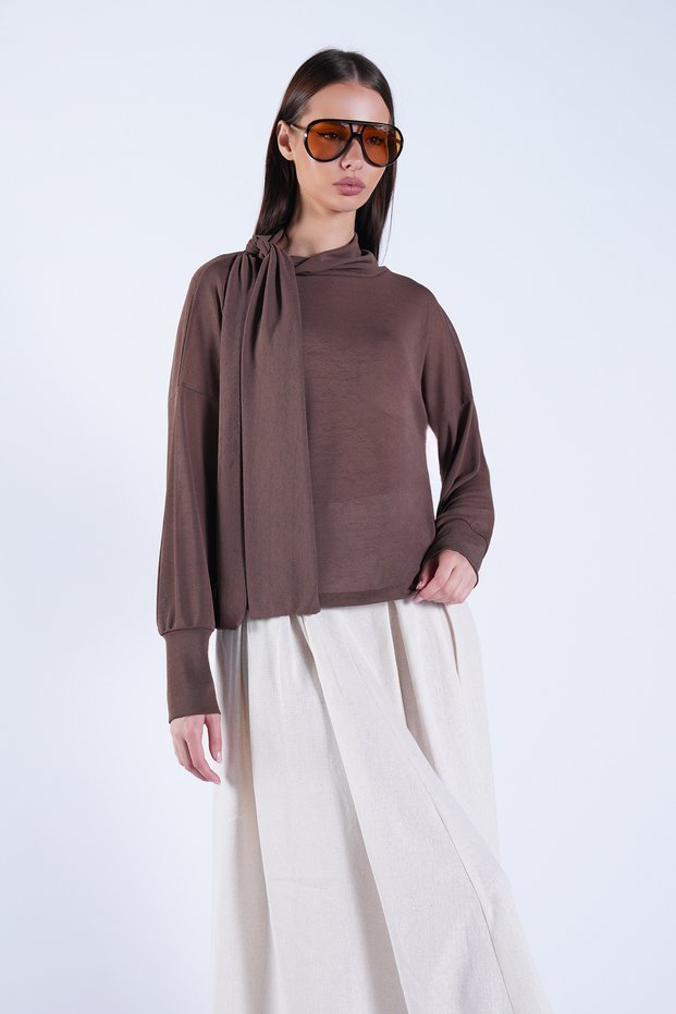 Women's Brown High-Neck Transparent Blouse with Fixed Scarf Detail Alc-X15154