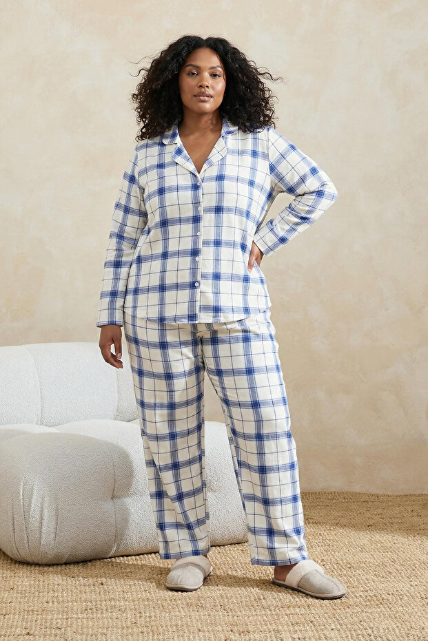 Mavi Ekoseli Viskon Dokuma Pijama Takımı TBBAW26AI00057 - 2