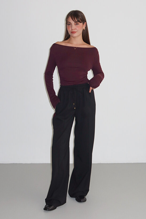 Siyah Bordo Çizgili Beli Lastikli Wideleg/Geniş Paça Dokuma Pantolon TWOAW26PL00174 - 2