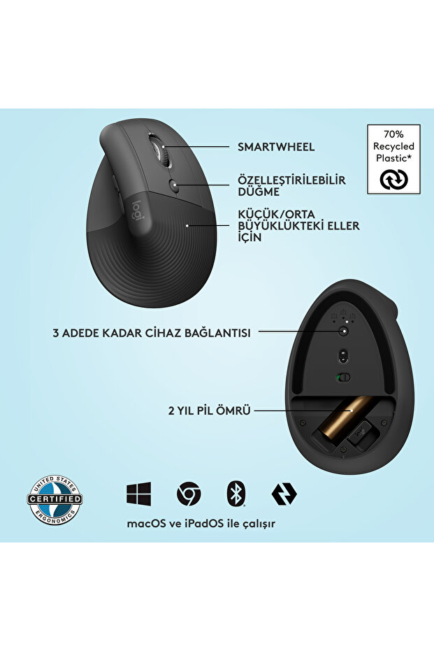 Lift Sessiz Kablosuz Ergonomik Dikey Mouse, Siyah 910-006473 - 7