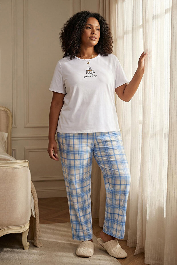 Gri-Mavi Ekoseli Büyük Beden Pijama Takımı TBBSS26AI00014 - 1