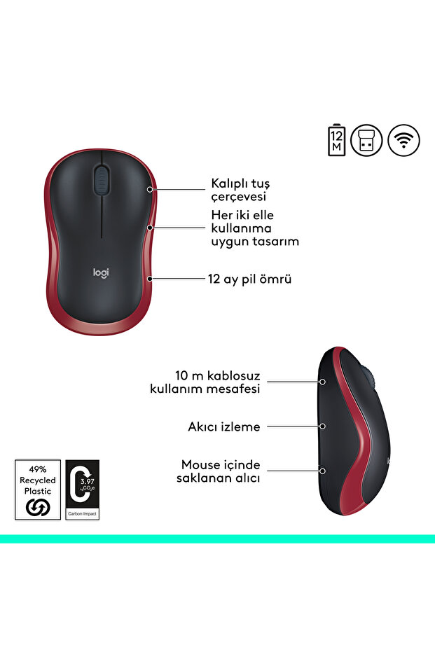 M185 USB Alıcılı Kompakt Kablosuz Mouse, Kırmızı 910-002237 - 7