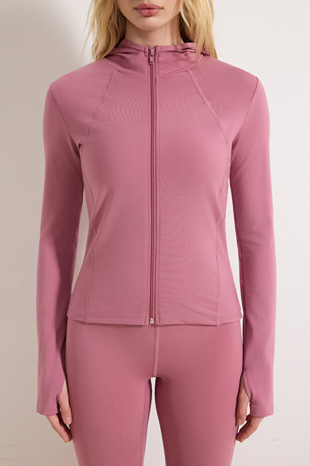 Pembe Soft Fırçalı Kumaş Kapüşonlu ve Reflektör Baskılı Örme Spor Ceket THMAW26SK00000 - 3