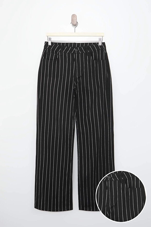 Siyah Lurex Çizgili Yüksek Bel %100 Pamuk Wide Leg Jeans TWOSS26JE00071 - 5