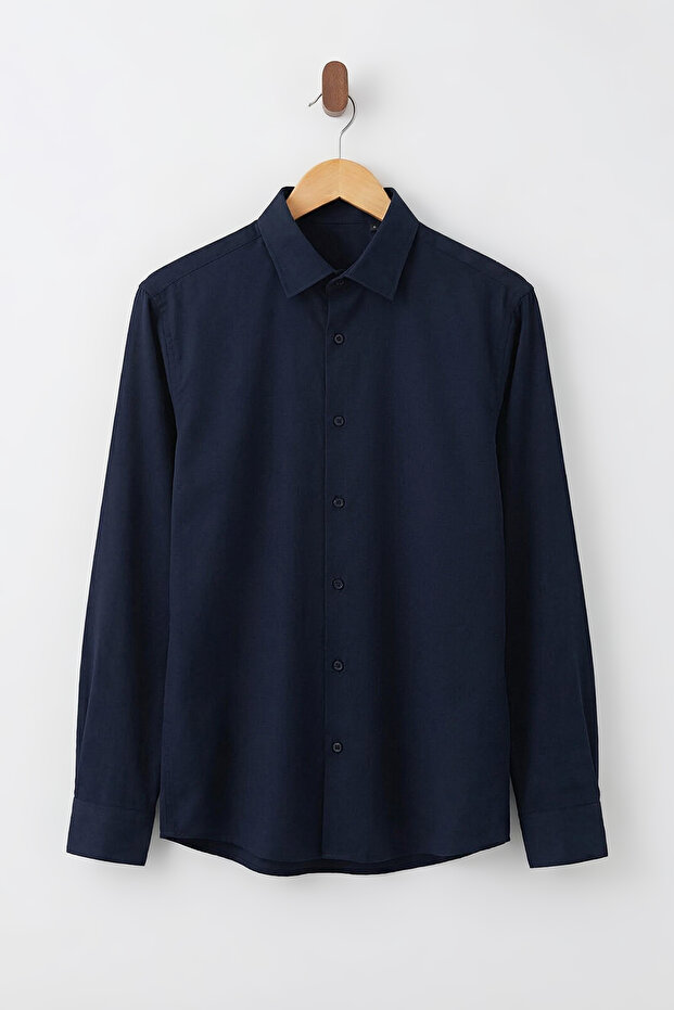 Lacivert Normal Kalıp/Regular Fit Gabardin Dokulu Kolay Ütülenir Erkek Dokuma Gömlek TMNSS26GO00006 - 4
