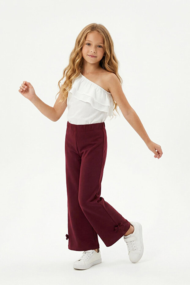 Bordo Kız Çocuk Kurdaleli Düz Örme Pantolon TKDSS26PL00003 - 2
