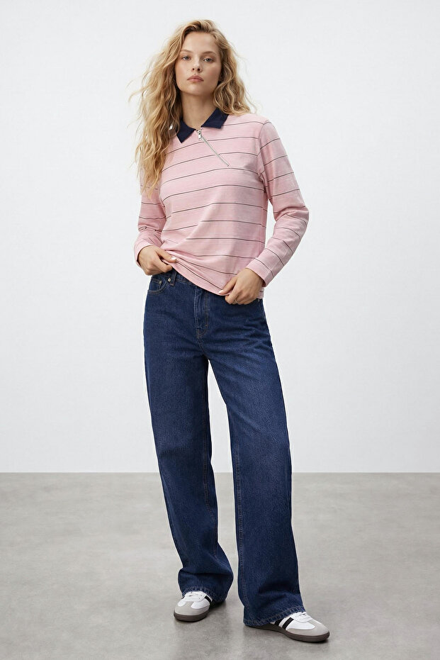 Pembe Çizgili Regular/Normal Kalıp Polo Yaka Fermuar Tok %100 Pamuk Örme T-shirt TWOSS26TS00033 - 2