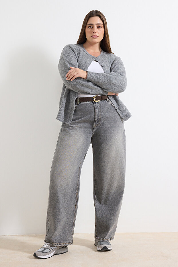 Gri Yüksek Bel Barrel Baggy %100 Pamuk Non-Stretch Büyük Beden Jeans TBBAW26CJ00043 - 1