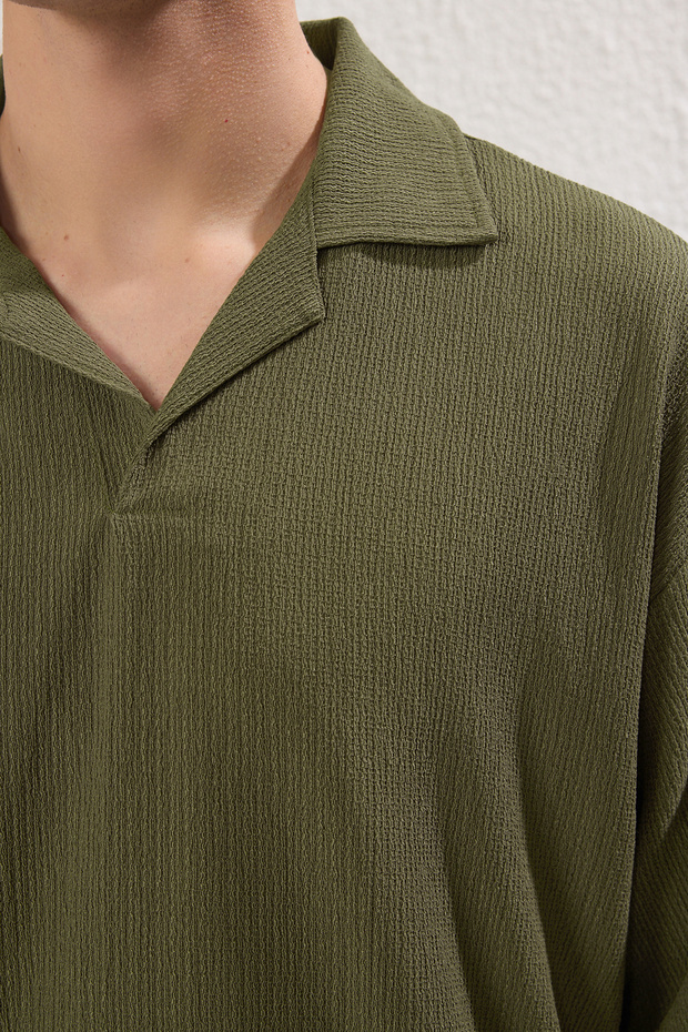 Haki Oversize/Geniş Kesim Bürümcük Dokulu Polo Yaka T-Shirt TMNSS25PO00018 - 3
