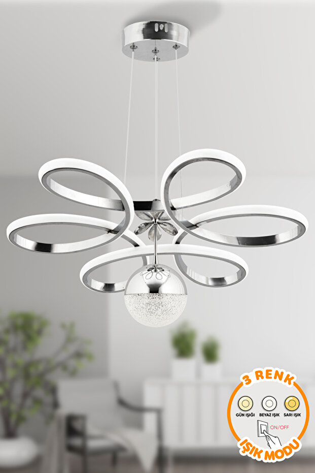 Dekorluna Alvaro Krom Modern Sarkıt 3 Renk Işık Power Led Avize Salon Mutfak Oda Hol Ledli Avize