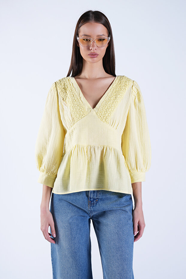 Yellow Deep V-Neck Lace Embroidered Muslin Blouse Alc-X15133