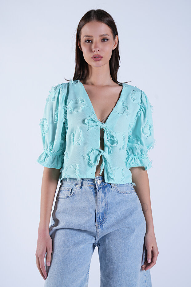 Mint Balloon Sleeve Tassel Detailed Tie-Front Woven Blouse Alc-X15132