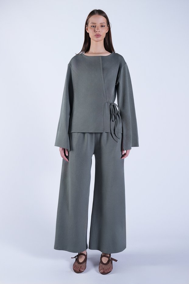 Khaki Crew Neck Knitted Jacket with Tie Detail and Double Pocket Trousers Set Alc-X15050