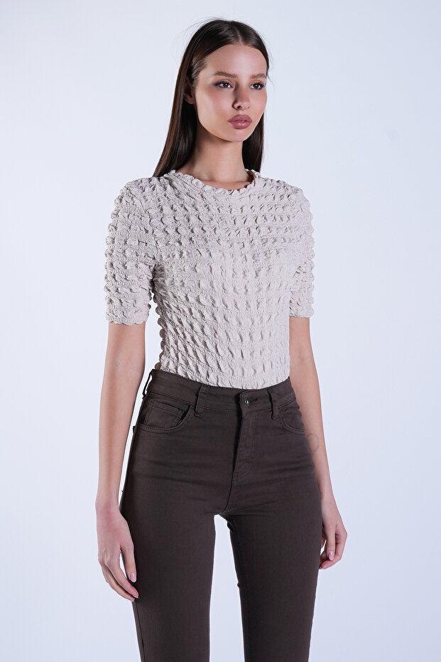 Beige Crew Neck Short Sleeve Seersucker Fabric Blouse Alc-X15094