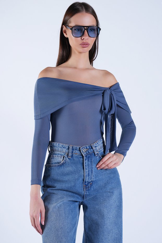 Indigo Carmen Collar Tie Detail Transparent Blouse Alc-X15152