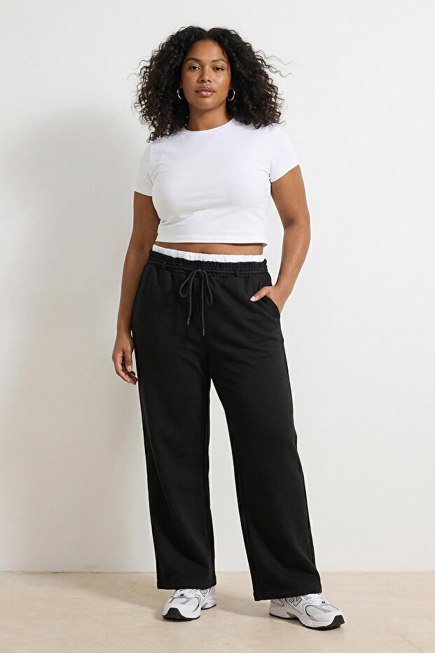 Siyah Beli Poplin Detaylı Bağcıklı Wide Leg Büyük Beden Eşofman Altı TBBSS26AJ00001 - 1