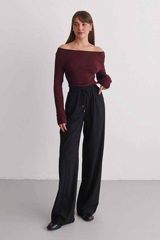 Siyah Bordo Çizgili Beli Lastikli Wideleg/Geniş Paça Dokuma Pantolon TWOAW26PL00174 - 1
