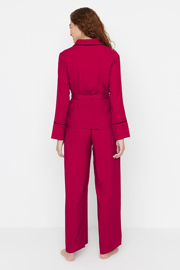 Bordo Kuşaklı Biye Detaylı Kruvaze Viskon Dokuma Pijama Takımı THMAW22PT1109 - 7