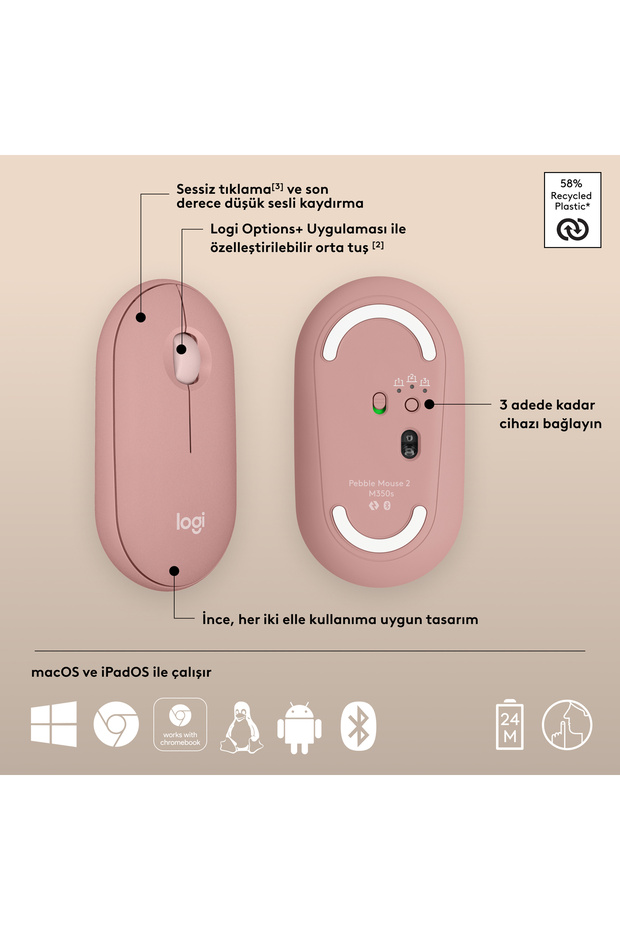 M350s Pebble 2 Bluetooth Kablosuz Sessiz Kompakt Mouse, Pembe 910-007014 - 7